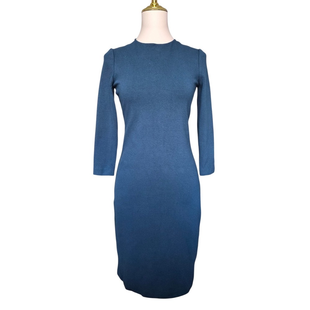 Vince Sheath Midi Womens Dark Teal XSmall Textured Dress Stretch 3/4 Sleeve